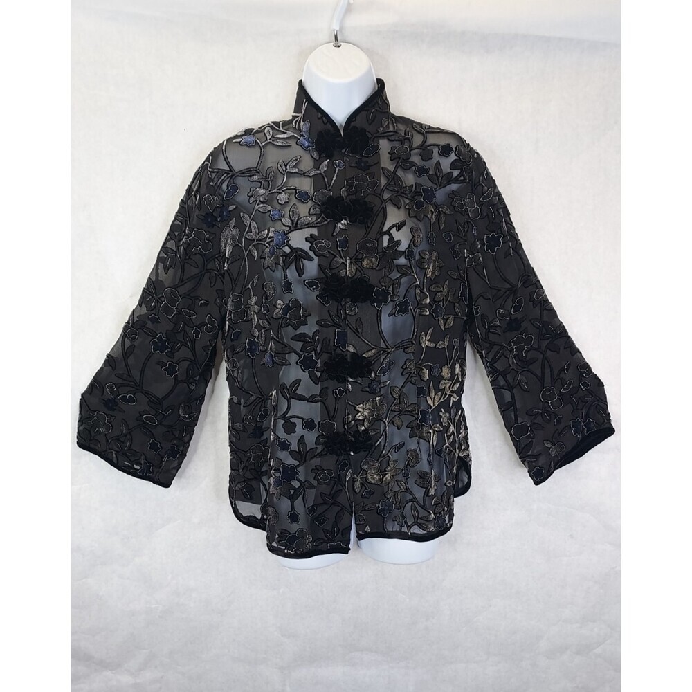 Anis A Velvet Burnout Blouse Women S Silk Floral Black Asian Inspired Frog Clasp